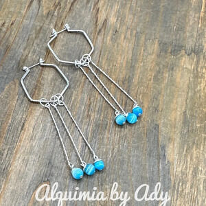 Blue cat's eye dangle extra long tassel balanced bar earrings